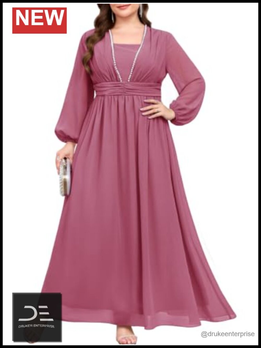 Elegant Long Sleeve Plus Size Formal Dress A-Line Chiffon Mother of the Bride